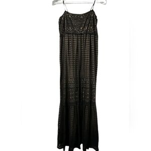 M.S.S.P Max Studio Tiered Lace Overlay Spaghetti Strap Maxi‎ Dress Black Medium